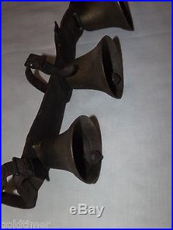Vintage 1800s Primitive 3 Brass Horse Carriage Buggy Bells On Leather