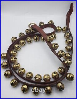 Vintage 41 Brass Sleigh Bells On 74 Leather Strap / Copper Rivets Penna. Dutch