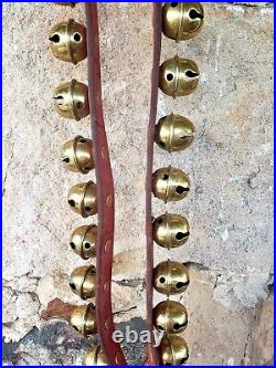 Vintage 41 Brass Sleigh Bells On 74 Leather Strap / Copper Rivets Penna. Dutch