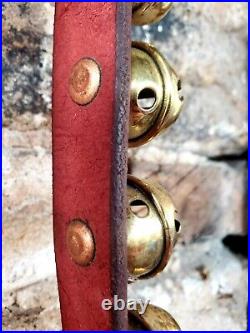 Vintage 41 Brass Sleigh Bells On 74 Leather Strap / Copper Rivets Penna. Dutch