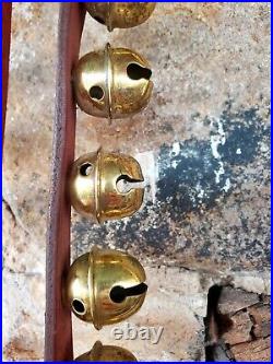 Vintage 41 Brass Sleigh Bells On 74 Leather Strap / Copper Rivets Penna. Dutch