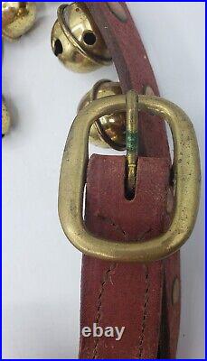 Vintage 41 Brass Sleigh Bells On 74 Leather Strap / Copper Rivets Penna. Dutch