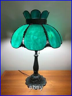 Vintage 8 Panels Bent Emerald Green Slag Glass Shade Table Lamp, 27 Tall