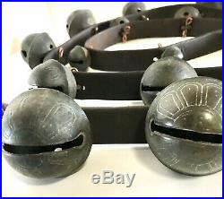 Vintage Antique 19 Brass Etched Graduated Sleigh Bells on 70 Leather Strap