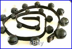 Vintage Antique 19 Brass Etched Graduated Sleigh Bells on 70 Leather Strap