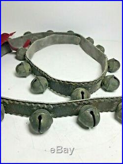 Vintage Antique 19 Brass Sleigh Bells 60 Leather Belt (B007)