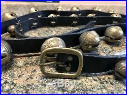 Vintage Antique 23 Brass Embossed Graduated Sleigh Bells on 78 Leather. (used)