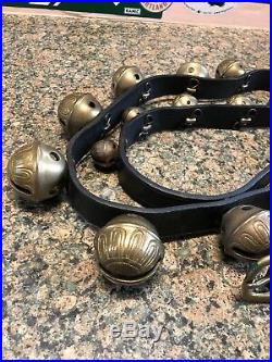 Vintage Antique 23 Brass Embossed Graduated Sleigh Bells on 78 Leather. (used)