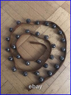 Vintage Antique 30 Brass Horse Sleigh Jingle Bells on 84 Rustic Leather Strap