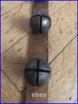 Vintage Antique 30 Brass Horse Sleigh Jingle Bells on 84 Rustic Leather Strap
