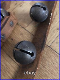 Vintage Antique 30 Brass Horse Sleigh Jingle Bells on 84 Rustic Leather Strap