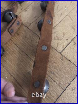 Vintage Antique 30 Brass Horse Sleigh Jingle Bells on 84 Rustic Leather Strap