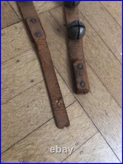 Vintage Antique 30 Brass Horse Sleigh Jingle Bells on 84 Rustic Leather Strap