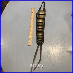 Vintage Antique Brass Graduated Sleaigh Bells On Leather