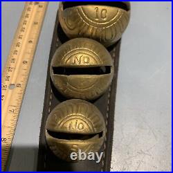 Vintage Antique Brass Graduated Sleaigh Bells On Leather