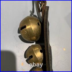 Vintage Antique Brass Graduated Sleaigh Bells On Leather