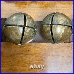 Vintage Antique Brass Jingle Sleigh Bells Primitive Leather Strap Bells LARGE