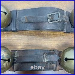 Vintage Antique Brass Jingle Sleigh Bells Primitive Leather Strap Bells LARGE