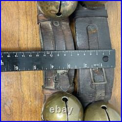 Vintage Antique Brass Jingle Sleigh Bells Primitive Leather Strap Bells LARGE