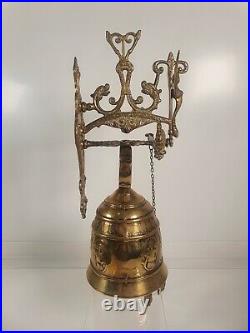 Vintage Antique Brass Monastery Church Bell Hanging Wall Mount Pull Chain Latin