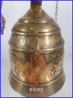 Vintage Antique Brass Monastery Church Bell Hanging Wall Mount Pull Chain Latin
