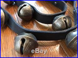 Vintage Antique Brass Petal Sleigh Bells Leather Belt Decorated Numbers 24 Bells