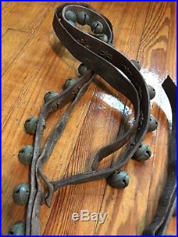 Vintage Antique Brass Petal Sleigh Bells Old Leather Belt Decorated 27 Bells