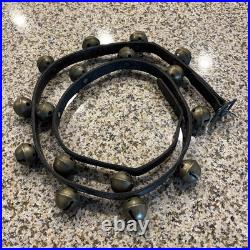 Vintage/Antique Brass Sleigh Bells Set Of 18 On a 58 Leather Strap Christmas