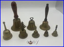 Vintage Antique Hand Held Brass School Bell Lot of 8 Brass Bells With Claspers