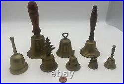 Vintage Antique Hand Held Brass School Bell Lot of 8 Brass Bells With Claspers