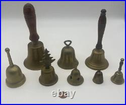 Vintage Antique Hand Held Brass School Bell Lot of 8 Brass Bells With Claspers