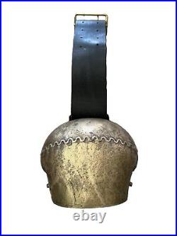 Vintage Antique Swiss Brass Cow Bell 9 x8 With Original Leather Strap