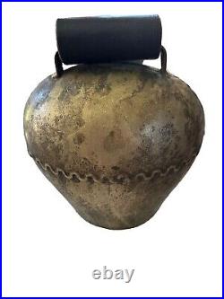 Vintage Antique Swiss Brass Cow Bell 9 x8 With Original Leather Strap