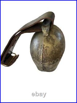 Vintage Antique Swiss Brass Cow Bell 9 x8 With Original Leather Strap