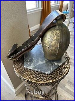 Vintage Antique Swiss Brass Cow Bell 9 x8 With Original Leather Strap
