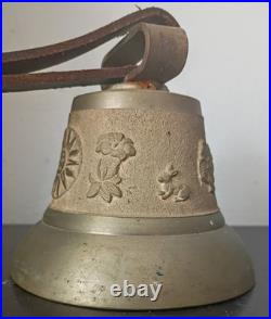 Vintage Antique Swiss Cow Brass Bell, 4.5-in Diameter, Original Leather Collar