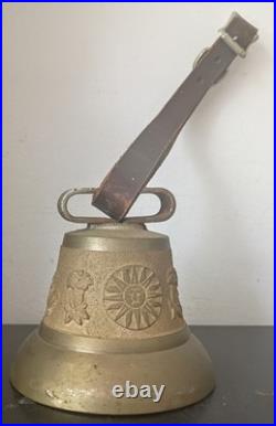 Vintage Antique Swiss Cow Brass Bell, 4.5-in Diameter, Original Leather Collar
