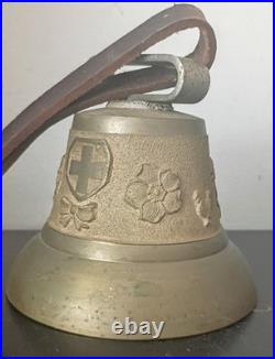 Vintage Antique Swiss Cow Brass Bell, 4.5-in Diameter, Original Leather Collar