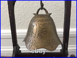 Vintage Asian Brass Bell Gong Hand Carved Wooden Stand Mallet Circa 1890-1910