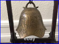 Vintage Asian Brass Bell Gong Hand Carved Wooden Stand Mallet Circa 1890-1910