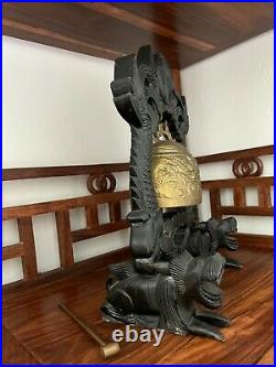 Vintage Asian Chinese Gong Bell, With Stand And Striker, Brass & Wood, H12-3/4