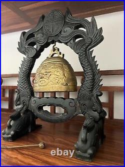 Vintage Asian Chinese Gong Bell, With Stand And Striker, Brass & Wood, H12-3/4