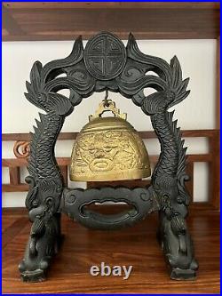 Vintage Asian Chinese Gong Bell, With Stand And Striker, Brass & Wood, H12-3/4