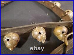 Vintage BRASS Bells (Bell Shape) (16) Approx. 44 inch Leather Strap Aged