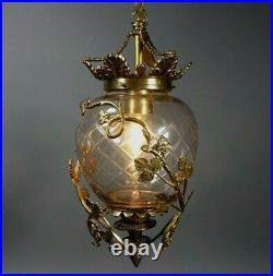 Vintage Bell Jar Hall Style Lantern Cut Glass Wrapped with Brass Grape Vine