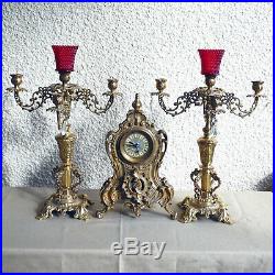 Vintage Bell Striking Kienzle Cast Brass Mantle Clock & Candelabra Set