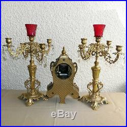 Vintage Bell Striking Kienzle Cast Brass Mantle Clock & Candelabra Set