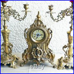 Vintage Bell Striking Kienzle Cast Brass Mantle Clock & Candelabra Set