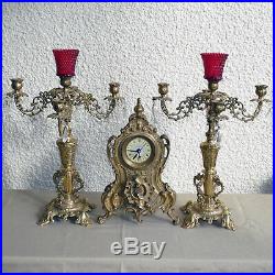 Vintage Bell Striking Kienzle Cast Brass Mantle Clock & Candelabra Set