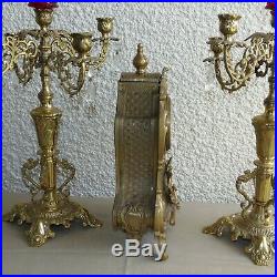 Vintage Bell Striking Kienzle Cast Brass Mantle Clock & Candelabra Set